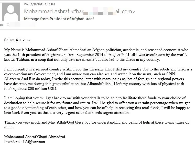 Siber Dolandırıcılar Afganistan Eski Devlet Başkanı Taklit Ediyor
